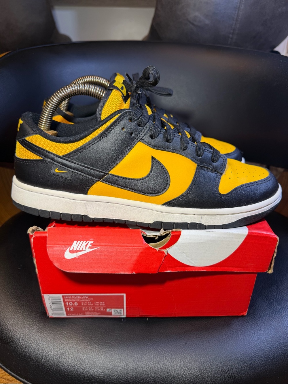 Nike Dunk Low FZ4618 001 Black/University Gold-White Mns Sz 10.5, WMNS Sz 12 Box